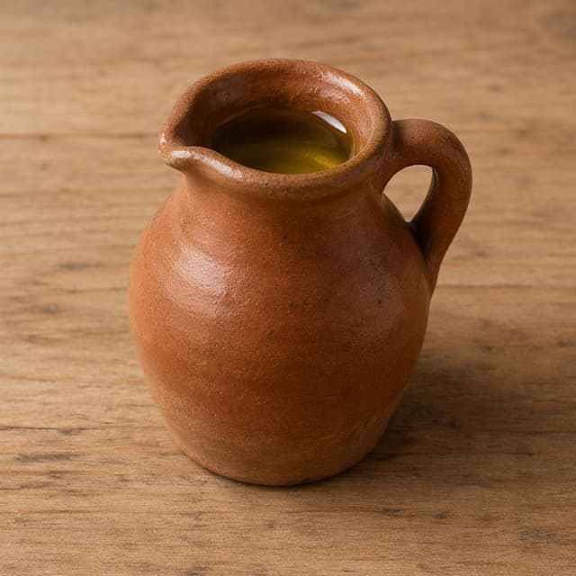 A small clay jar of olive oil on a plain, neutral wooden surface
Chat attachment instruction: Generate exactly one in-world chat attachment, not a collage, split-screen, comic panel, flashback, or explanatory scene. If the prompt is a screenshot, phone screen, document, note, card, map, receipt, label, object photo, or photo someone took, frame that artifact directly. A name appearing in visible text or in 'photo taken by X' is not an instruction to draw that person. Do not show recurring story participants as visible people unless the prompt itself explicitly says they are visible. Keep unrequested people, faces, and bodies out of the image.