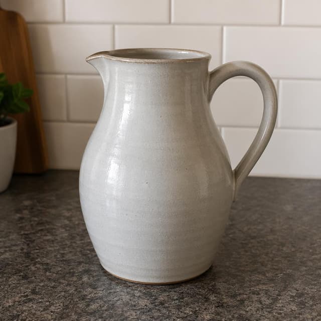 A simple ceramic water jug on a kitchen counter
Chat attachment instruction: Generate exactly one in-world chat attachment, not a collage, split-screen, comic panel, flashback, or explanatory scene. If the prompt is a screenshot, phone screen, document, note, card, map, receipt, label, object photo, or photo someone took, frame that artifact directly. A name appearing in visible text or in 'photo taken by X' is not an instruction to draw that person. Do not show recurring story participants as visible people unless the prompt itself explicitly says they are visible. Keep unrequested people, faces, and bodies out of the image.