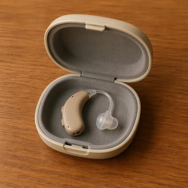 A small beige hearing aid resting inside an open case on a plain wooden surface, storybook style
Chat attachment instruction: Generate exactly one in-world chat attachment, not a collage, split-screen, comic panel, flashback, or explanatory scene. If the prompt is a screenshot, phone screen, document, note, card, map, receipt, label, object photo, or photo someone took, frame that artifact directly. A name appearing in visible text or in 'photo taken by X' is not an instruction to draw that person. Do not show recurring story participants as visible people unless the prompt itself explicitly says they are visible. Keep unrequested people, faces, and bodies out of the image.