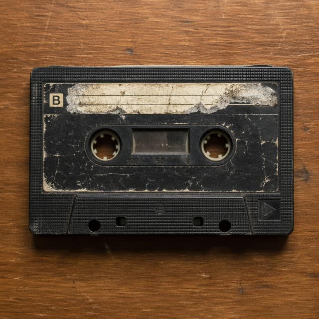 A single worn black cassette tape on a plain wooden surface
Chat attachment instruction: Generate exactly one in-world chat attachment, not a collage, split-screen, comic panel, flashback, or explanatory scene. If the prompt is a screenshot, phone screen, document, note, card, map, receipt, label, object photo, or photo someone took, frame that artifact directly. A name appearing in visible text or in 'photo taken by X' is not an instruction to draw that person. Do not show recurring story participants as visible people unless the prompt itself explicitly says they are visible. Keep unrequested people, faces, and bodies out of the image.