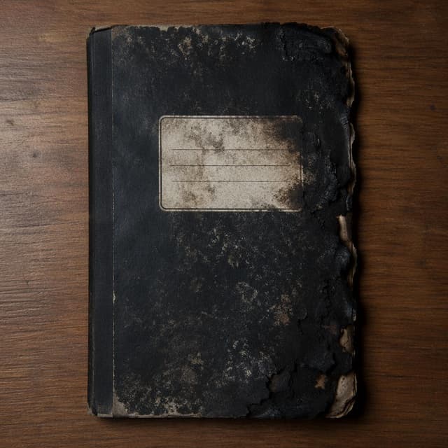 A single scorched notebook cover on a plain wooden surface
Chat attachment instruction: Generate exactly one in-world chat attachment, not a collage, split-screen, comic panel, flashback, or explanatory scene. If the prompt is a screenshot, phone screen, document, note, card, map, receipt, label, object photo, or photo someone took, frame that artifact directly. A name appearing in visible text or in 'photo taken by X' is not an instruction to draw that person. Do not show recurring story participants as visible people unless the prompt itself explicitly says they are visible. Keep unrequested people, faces, and bodies out of the image.