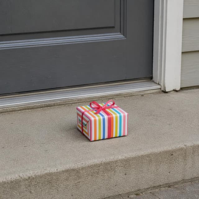 A small gift box wrapped in colorful striped paper, tied with a simple ribbon, sitting alone on a plain doorstep
Chat attachment instruction: Generate exactly one in-world chat attachment, not a collage, split-screen, comic panel, flashback, or explanatory scene. If the prompt is a screenshot, phone screen, document, note, card, map, receipt, label, object photo, or photo someone took, frame that artifact directly. A name appearing in visible text or in 'photo taken by X' is not an instruction to draw that person. Do not show recurring story participants as visible people unless the prompt itself explicitly says they are visible. Keep unrequested people, faces, and bodies out of the image.