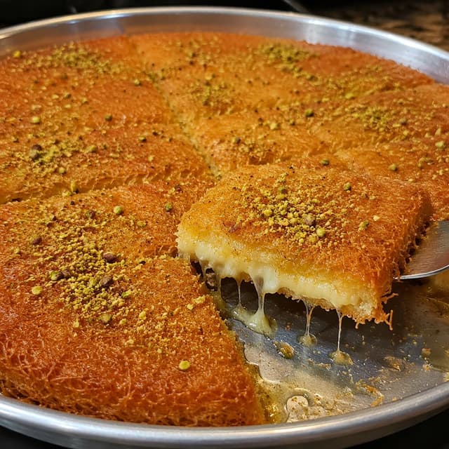 a tray of golden baked knafeh with syrup
Chat attachment instruction: Generate exactly one in-world chat attachment, not a collage, split-screen, comic panel, flashback, or explanatory scene. If the prompt is a screenshot, phone screen, document, note, card, map, receipt, label, object photo, or photo someone took, frame that artifact directly. A name appearing in visible text or in 'photo taken by X' is not an instruction to draw that person. Do not show recurring story participants as visible people unless the prompt itself explicitly says they are visible. Keep unrequested people, faces, and bodies out of the image.