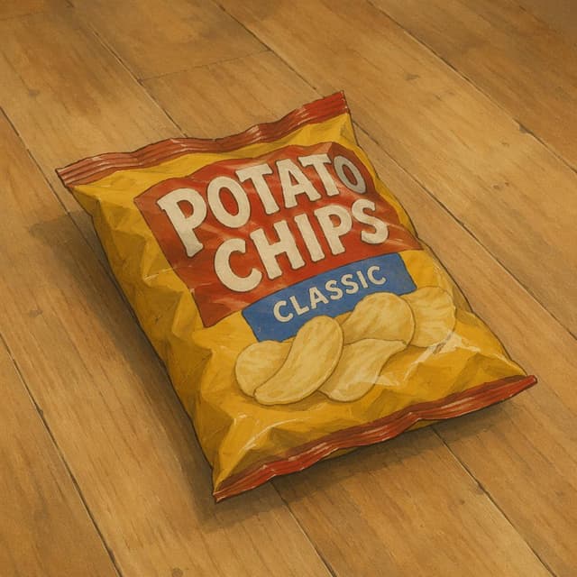a bag of potato chips lying on a plain wooden floor, storybook style
Chat attachment instruction: Generate exactly one in-world chat attachment, not a collage, split-screen, comic panel, flashback, or explanatory scene. If the prompt is a screenshot, phone screen, document, note, card, map, receipt, label, object photo, or photo someone took, frame that artifact directly. A name appearing in visible text or in 'photo taken by X' is not an instruction to draw that person. Do not show recurring story participants as visible people unless the prompt itself explicitly says they are visible. Keep unrequested people, faces, and bodies out of the image.
