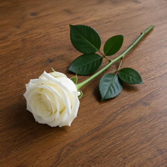 A single white rose with a few green leaves lying on a plain wooden table
Chat attachment instruction: Generate exactly one in-world chat attachment, not a collage, split-screen, comic panel, flashback, or explanatory scene. If the prompt is a screenshot, phone screen, document, note, card, map, receipt, label, object photo, or photo someone took, frame that artifact directly. A name appearing in visible text or in 'photo taken by X' is not an instruction to draw that person. Do not show recurring story participants as visible people unless the prompt itself explicitly says they are visible. Keep unrequested people, faces, and bodies out of the image.