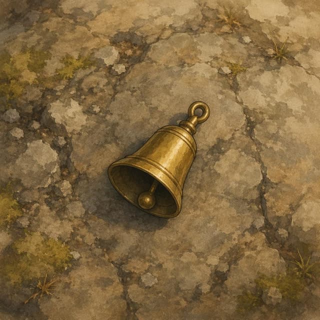 A small brass bell lying on bare rock ground, storybook style
Chat attachment instruction: Generate exactly one in-world chat attachment, not a collage, split-screen, comic panel, flashback, or explanatory scene. If the prompt is a screenshot, phone screen, document, note, card, map, receipt, label, object photo, or photo someone took, frame that artifact directly. A name appearing in visible text or in 'photo taken by X' is not an instruction to draw that person. Do not show recurring story participants as visible people unless the prompt itself explicitly says they are visible. Keep unrequested people, faces, and bodies out of the image.