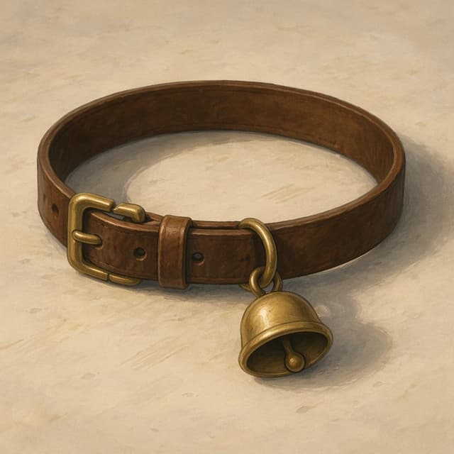 A small brass bell attached to a simple leather collar strap on a plain surface, storybook style
Chat attachment instruction: Generate exactly one in-world chat attachment, not a collage, split-screen, comic panel, flashback, or explanatory scene. If the prompt is a screenshot, phone screen, document, note, card, map, receipt, label, object photo, or photo someone took, frame that artifact directly. A name appearing in visible text or in 'photo taken by X' is not an instruction to draw that person. Do not show recurring story participants as visible people unless the prompt itself explicitly says they are visible. Keep unrequested people, faces, and bodies out of the image.