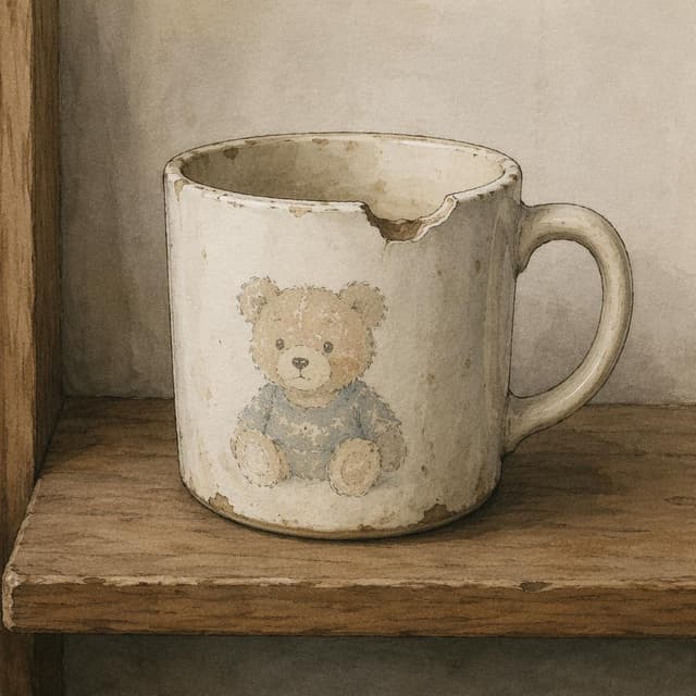 A chipped ceramic mug with a faded cartoon bear design, sitting on a plain wooden shelf, ink and watercolor style
Chat attachment instruction: Generate exactly one in-world chat attachment, not a collage, split-screen, comic panel, flashback, or explanatory scene. If the prompt is a screenshot, phone screen, document, note, card, map, receipt, label, object photo, or photo someone took, frame that artifact directly. A name appearing in visible text or in 'photo taken by X' is not an instruction to draw that person. Do not show recurring story participants as visible people unless the prompt itself explicitly says they are visible. Keep unrequested people, faces, and bodies out of the image.