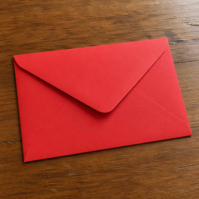 a plain red envelope on a wooden table
Chat attachment instruction: Generate exactly one in-world chat attachment, not a collage, split-screen, comic panel, flashback, or explanatory scene. If the prompt is a screenshot, phone screen, document, note, card, map, receipt, label, object photo, or photo someone took, frame that artifact directly. A name appearing in visible text or in 'photo taken by X' is not an instruction to draw that person. Do not show recurring story participants as visible people unless the prompt itself explicitly says they are visible. Keep unrequested people, faces, and bodies out of the image.