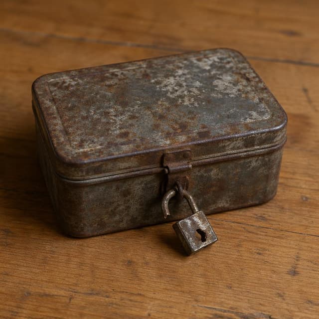 An old rusted tin box with a small broken padlock, sitting on a plain wooden table
Chat attachment instruction: Generate exactly one in-world chat attachment, not a collage, split-screen, comic panel, flashback, or explanatory scene. If the prompt is a screenshot, phone screen, document, note, card, map, receipt, label, object photo, or photo someone took, frame that artifact directly. A name appearing in visible text or in 'photo taken by X' is not an instruction to draw that person. Do not show recurring story participants as visible people unless the prompt itself explicitly says they are visible. Keep unrequested people, faces, and bodies out of the image.