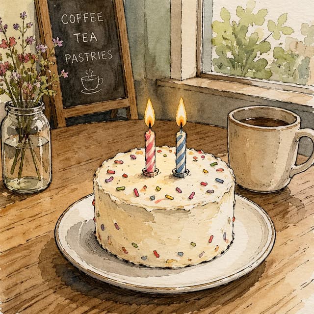A small round birthday cake with two lit candles on a café table, ink and watercolor style
Chat attachment instruction: Generate exactly one in-world chat attachment, not a collage, split-screen, comic panel, flashback, or explanatory scene. If the prompt is a screenshot, phone screen, document, note, card, map, receipt, label, object photo, or photo someone took, frame that artifact directly. A name appearing in visible text or in 'photo taken by X' is not an instruction to draw that person. Do not show recurring story participants as visible people unless the prompt itself explicitly says they are visible. Keep unrequested people, faces, and bodies out of the image.