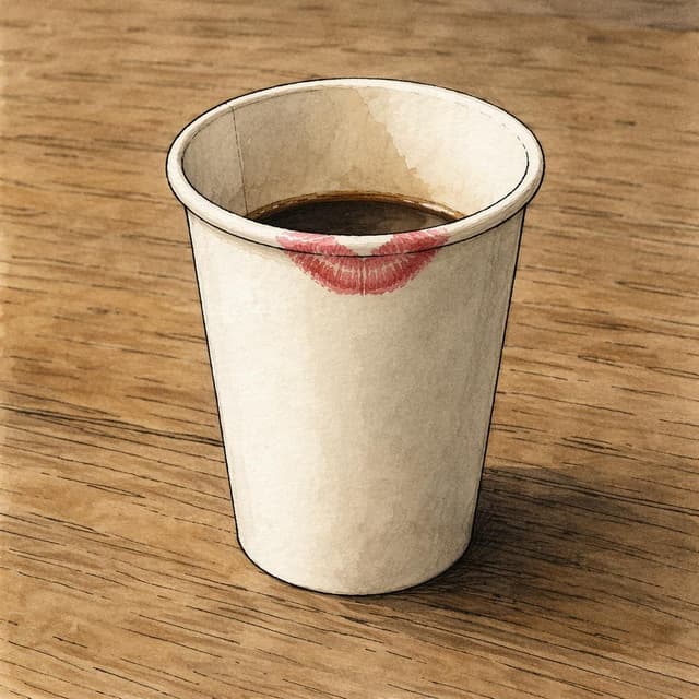 A single paper coffee cup with a red lipstick mark on the rim, sitting on a plain wooden table, ink and watercolor style
Chat attachment instruction: Generate exactly one in-world chat attachment, not a collage, split-screen, comic panel, flashback, or explanatory scene. If the prompt is a screenshot, phone screen, document, note, card, map, receipt, label, object photo, or photo someone took, frame that artifact directly. A name appearing in visible text or in 'photo taken by X' is not an instruction to draw that person. Do not show recurring story participants as visible people unless the prompt itself explicitly says they are visible. Keep unrequested people, faces, and bodies out of the image.