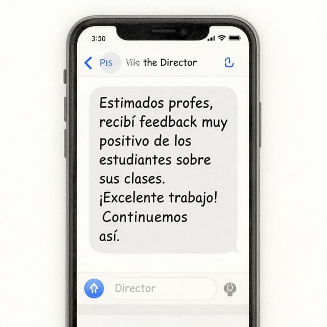 Charming ink and watercolor painting showing a smartphone screen with a text message from the director. The message reads: 'Estimados profes, recibí feedback muy positivo de los estudiantes sobre sus clases. ¡Excelente trabajo! Continuemos así.' Clean lines, soft watercolor style, slightly worn paper texture.