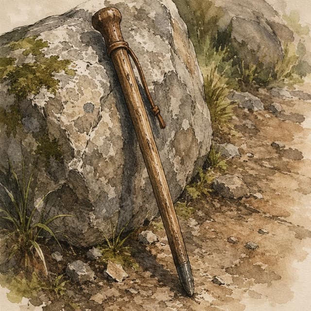 A worn wooden hiking pole leaning against a rock, ink and watercolor style
Chat attachment instruction: Generate exactly one in-world chat attachment, not a collage, split-screen, comic panel, flashback, or explanatory scene. If the prompt is a screenshot, phone screen, document, note, card, map, receipt, label, object photo, or photo someone took, frame that artifact directly. A name appearing in visible text or in 'photo taken by X' is not an instruction to draw that person. Do not show recurring story participants as visible people unless the prompt itself explicitly says they are visible. Keep unrequested people, faces, and bodies out of the image.