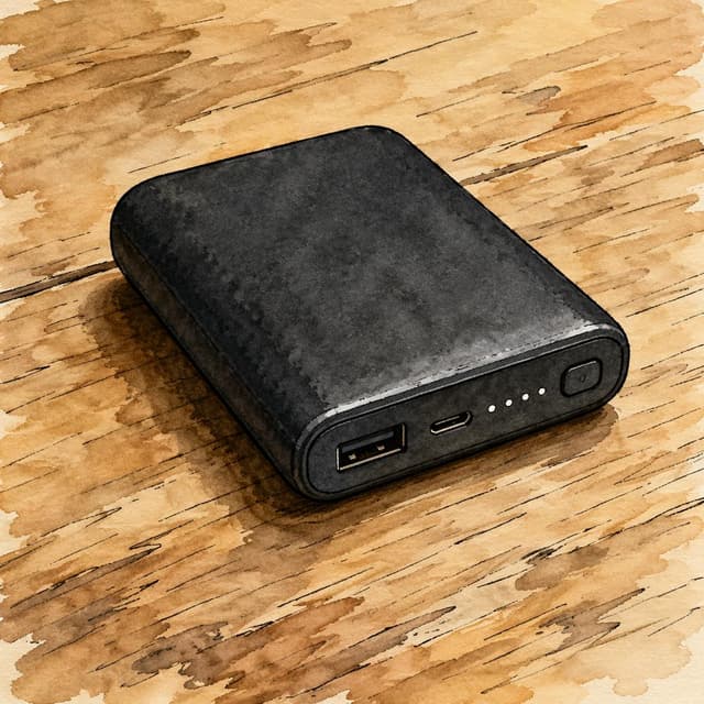 A small black portable power bank resting on a wooden table, ink and watercolor style
Chat attachment instruction: Generate exactly one in-world chat attachment, not a collage, split-screen, comic panel, flashback, or explanatory scene. If the prompt is a screenshot, phone screen, document, note, card, map, receipt, label, object photo, or photo someone took, frame that artifact directly. A name appearing in visible text or in 'photo taken by X' is not an instruction to draw that person. Do not show recurring story participants as visible people unless the prompt itself explicitly says they are visible. Keep unrequested people, faces, and bodies out of the image.