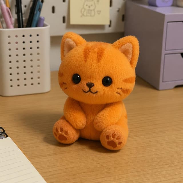 a small orange cat plush toy sitting on a desk
Chat attachment instruction: Generate exactly one in-world chat attachment, not a collage, split-screen, comic panel, flashback, or explanatory scene. If the prompt is a screenshot, phone screen, document, note, card, map, receipt, label, object photo, or photo someone took, frame that artifact directly. A name appearing in visible text or in 'photo taken by X' is not an instruction to draw that person. Do not show recurring story participants as visible people unless the prompt itself explicitly says they are visible. Keep unrequested people, faces, and bodies out of the image.