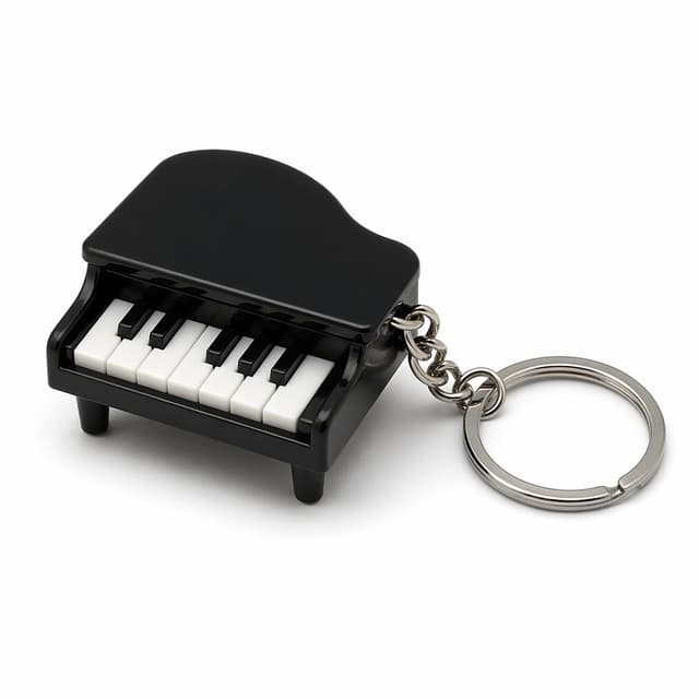 A small toy piano keychain on a plain white background
Chat attachment instruction: Generate exactly one in-world chat attachment, not a collage, split-screen, comic panel, flashback, or explanatory scene. If the prompt is a screenshot, phone screen, document, note, card, map, receipt, label, object photo, or photo someone took, frame that artifact directly. A name appearing in visible text or in 'photo taken by X' is not an instruction to draw that person. Do not show recurring story participants as visible people unless the prompt itself explicitly says they are visible. Keep unrequested people, faces, and bodies out of the image.