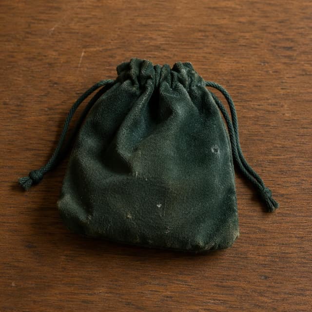 a small worn dark-green drawstring pouch on a plain wooden table
Chat attachment instruction: Generate exactly one in-world chat attachment, not a collage, split-screen, comic panel, flashback, or explanatory scene. If the prompt is a screenshot, phone screen, document, note, card, map, receipt, label, object photo, or photo someone took, frame that artifact directly. A name appearing in visible text or in 'photo taken by X' is not an instruction to draw that person. Do not show recurring story participants as visible people unless the prompt itself explicitly says they are visible. Keep unrequested people, faces, and bodies out of the image.
