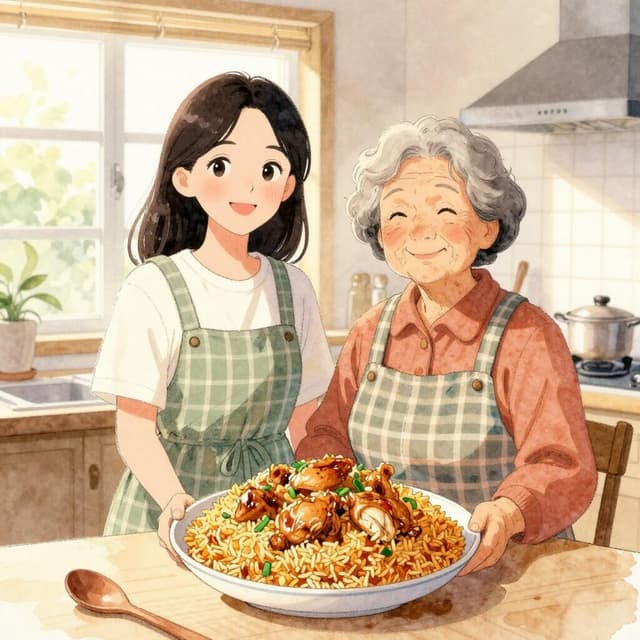 A warm kitchen scene showing a young woman and elderly woman standing together, both smiling at the camera. Between them is a beautiful golden-brown rice with chicken dish. Natural sunlight from the window, cozy and inviting, homemade feel. Charming ink and watercolor painting, clean lines, vibrant but soft color palette, storybook style.