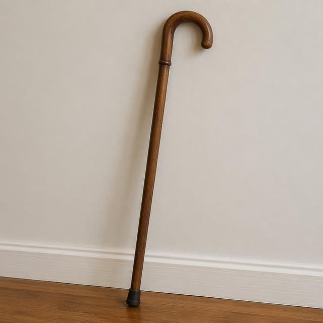 a wooden walking cane leaning against a plain wall
Chat attachment instruction: Generate exactly one in-world chat attachment, not a collage, split-screen, comic panel, flashback, or explanatory scene. If the prompt is a screenshot, phone screen, document, note, card, map, receipt, label, object photo, or photo someone took, frame that artifact directly. A name appearing in visible text or in 'photo taken by X' is not an instruction to draw that person. Do not show recurring story participants as visible people unless the prompt itself explicitly says they are visible. Keep unrequested people, faces, and bodies out of the image.