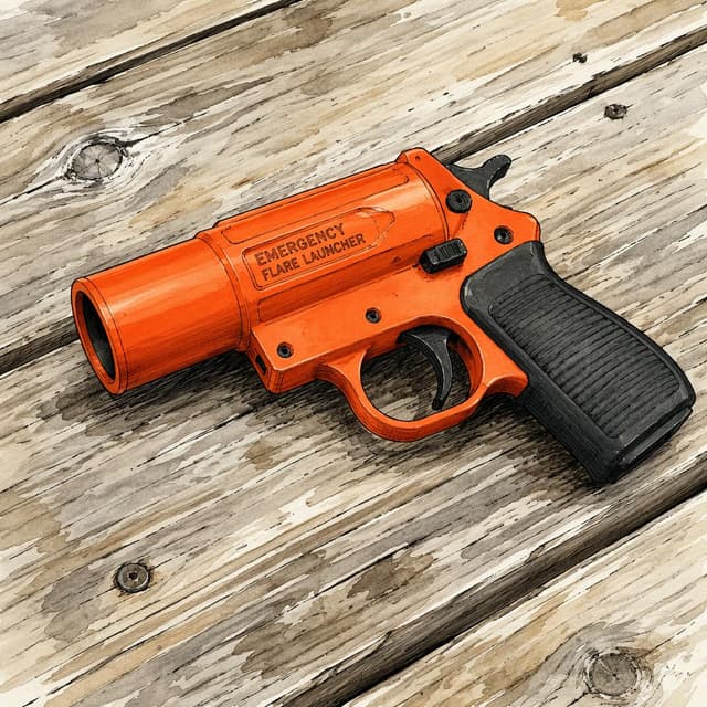 A bright orange emergency flare launcher resting on a weathered wooden deck plank, clean and simple, ink and watercolor style
Chat attachment instruction: Generate exactly one in-world chat attachment, not a collage, split-screen, comic panel, flashback, or explanatory scene. If the prompt is a screenshot, phone screen, document, note, card, map, receipt, label, object photo, or photo someone took, frame that artifact directly. A name appearing in visible text or in 'photo taken by X' is not an instruction to draw that person. Do not show recurring story participants as visible people unless the prompt itself explicitly says they are visible. Keep unrequested people, faces, and bodies out of the image.