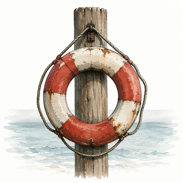 A weathered metal life-buoy hanging on a simple wooden post, clean and simple, ink and watercolor style
Chat attachment instruction: Generate exactly one in-world chat attachment, not a collage, split-screen, comic panel, flashback, or explanatory scene. If the prompt is a screenshot, phone screen, document, note, card, map, receipt, label, object photo, or photo someone took, frame that artifact directly. A name appearing in visible text or in 'photo taken by X' is not an instruction to draw that person. Do not show recurring story participants as visible people unless the prompt itself explicitly says they are visible. Keep unrequested people, faces, and bodies out of the image.