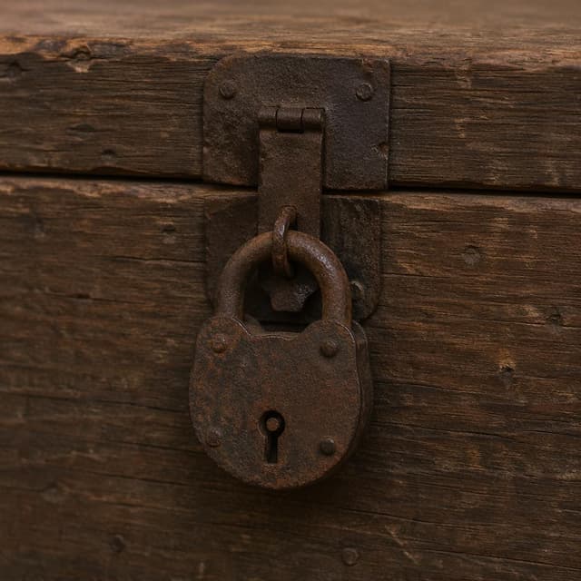 A rusty old padlock hanging on a plain wooden chest
Chat attachment instruction: Generate exactly one in-world chat attachment, not a collage, split-screen, comic panel, flashback, or explanatory scene. If the prompt is a screenshot, phone screen, document, note, card, map, receipt, label, object photo, or photo someone took, frame that artifact directly. A name appearing in visible text or in 'photo taken by X' is not an instruction to draw that person. Do not show recurring story participants as visible people unless the prompt itself explicitly says they are visible. Keep unrequested people, faces, and bodies out of the image.