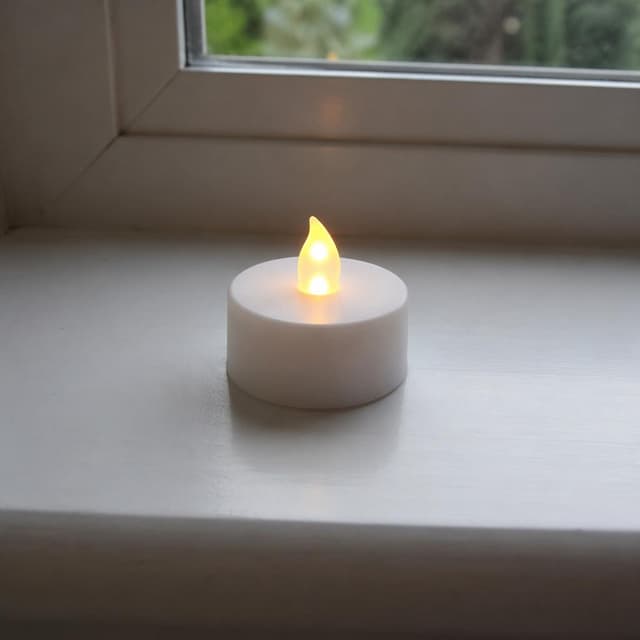 a small round LED tea light candle on a plain windowsill
Chat attachment instruction: Generate exactly one in-world chat attachment, not a collage, split-screen, comic panel, flashback, or explanatory scene. If the prompt is a screenshot, phone screen, document, note, card, map, receipt, label, object photo, or photo someone took, frame that artifact directly. A name appearing in visible text or in 'photo taken by X' is not an instruction to draw that person. Do not show recurring story participants as visible people unless the prompt itself explicitly says they are visible. Keep unrequested people, faces, and bodies out of the image.
