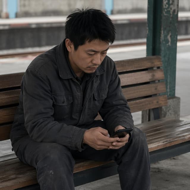 A man sitting on a wooden station bench, looking at his phone
Character consistency instruction: preserve these exact recurring appearance details: 阿强: gender: Male; age: 35; skin tone: Olive; hair color: Black; hair style: Short and slightly unkempt; eye color: Dark brown; clothing: A simple, practical migrant worker outfit consisting of a dark grey utility jacket and sturdy pants.; other features: A guarded and weary facial expression.
Chat attachment instruction: Generate exactly one in-world chat attachment, not a collage, split-screen, comic panel, flashback, or explanatory scene. If the prompt is a screenshot, phone screen, document, note, card, map, receipt, label, object photo, or photo someone took, frame that artifact directly. A name appearing in visible text or in 'photo taken by X' is not an instruction to draw that person. Recurring story participants explicitly allowed as visible people: 阿强. Do not add any other recurring participant as a visible person. Keep unrequested people, faces, and bodies out of the image. Do not add readable text unless the prompt explicitly asks for visible text.