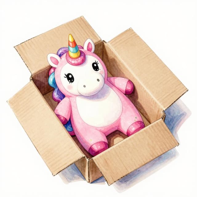 Charming ink and watercolor painting, clean lines, vibrant but soft color palette, storybook style. An open cardboard box on a table containing a ridiculous pink unicorn onesie costume with a rainbow horn and sparkly details, viewed from above.