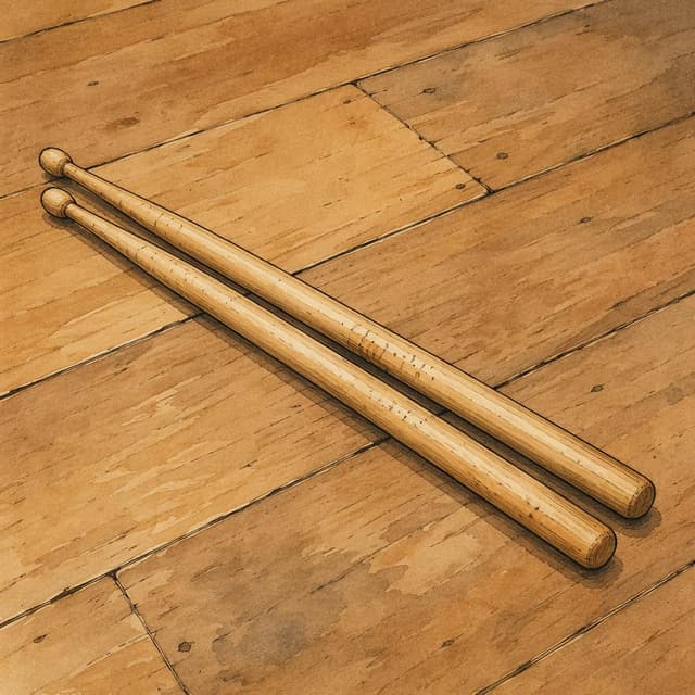 a pair of wooden drumsticks lying on a plain wooden floor, storybook style, ink and watercolor
Chat attachment instruction: Generate exactly one in-world chat attachment, not a collage, split-screen, comic panel, flashback, or explanatory scene. If the prompt is a screenshot, phone screen, document, note, card, map, receipt, label, object photo, or photo someone took, frame that artifact directly. A name appearing in visible text or in 'photo taken by X' is not an instruction to draw that person. Do not show recurring story participants as visible people unless the prompt itself explicitly says they are visible. Keep unrequested people, faces, and bodies out of the image.