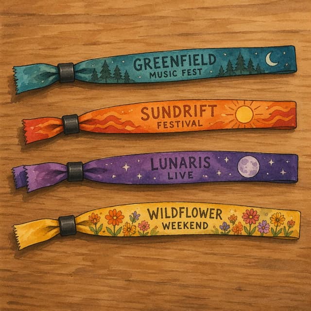 four festival wristbands lying flat on a plain wooden table, storybook style, ink and watercolor
Chat attachment instruction: Generate exactly one in-world chat attachment, not a collage, split-screen, comic panel, flashback, or explanatory scene. If the prompt is a screenshot, phone screen, document, note, card, map, receipt, label, object photo, or photo someone took, frame that artifact directly. A name appearing in visible text or in 'photo taken by X' is not an instruction to draw that person. Do not show recurring story participants as visible people unless the prompt itself explicitly says they are visible. Keep unrequested people, faces, and bodies out of the image.