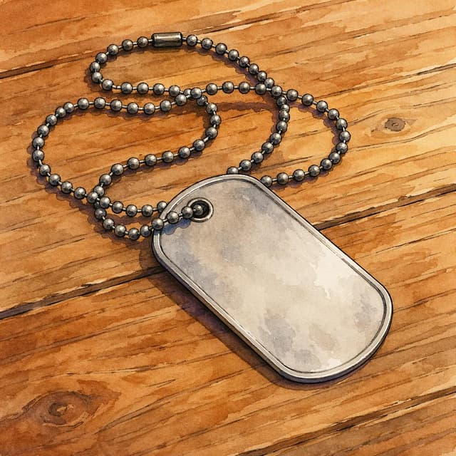A simple military dog-tag necklace lying on a plain wooden table. Charming ink and watercolor painting, clean lines, vibrant but soft color palette, storybook style
Chat attachment instruction: Generate exactly one in-world chat attachment, not a collage, split-screen, comic panel, flashback, or explanatory scene. If the prompt is a screenshot, phone screen, document, note, card, map, receipt, label, object photo, or photo someone took, frame that artifact directly. A name appearing in visible text or in 'photo taken by X' is not an instruction to draw that person. Do not show recurring story participants as visible people unless the prompt itself explicitly says they are visible. Keep unrequested people, faces, and bodies out of the image.