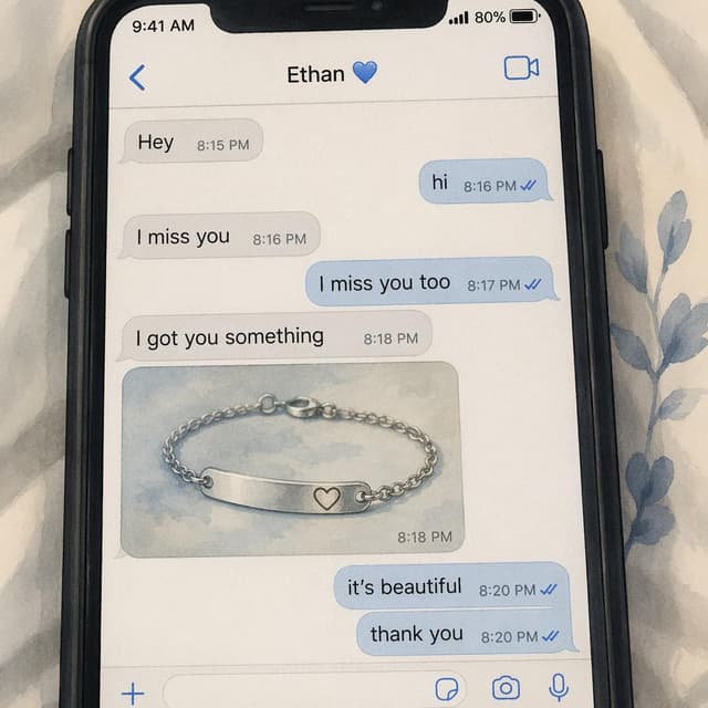 A smartphone screen showing a chat history with an ex-boyfriend, including a photo of a silver bracelet. Charming ink and watercolor painting, clean lines, storybook style
Chat attachment instruction: Generate exactly one in-world chat attachment, not a collage, split-screen, comic panel, flashback, or explanatory scene. If the prompt is a screenshot, phone screen, document, note, card, map, receipt, label, object photo, or photo someone took, frame that artifact directly. A name appearing in visible text or in 'photo taken by X' is not an instruction to draw that person. Do not show recurring story participants as visible people unless the prompt itself explicitly says they are visible. Keep unrequested people, faces, and bodies out of the image.