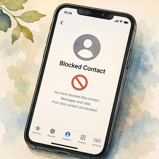 A smartphone screen showing a blocked contact status, charming ink and watercolor painting, clean lines, storybook style
Chat attachment instruction: Generate exactly one in-world chat attachment, not a collage, split-screen, comic panel, flashback, or explanatory scene. If the prompt is a screenshot, phone screen, document, note, card, map, receipt, label, object photo, or photo someone took, frame that artifact directly. A name appearing in visible text or in 'photo taken by X' is not an instruction to draw that person. Do not show recurring story participants as visible people unless the prompt itself explicitly says they are visible. Keep unrequested people, faces, and bodies out of the image.
