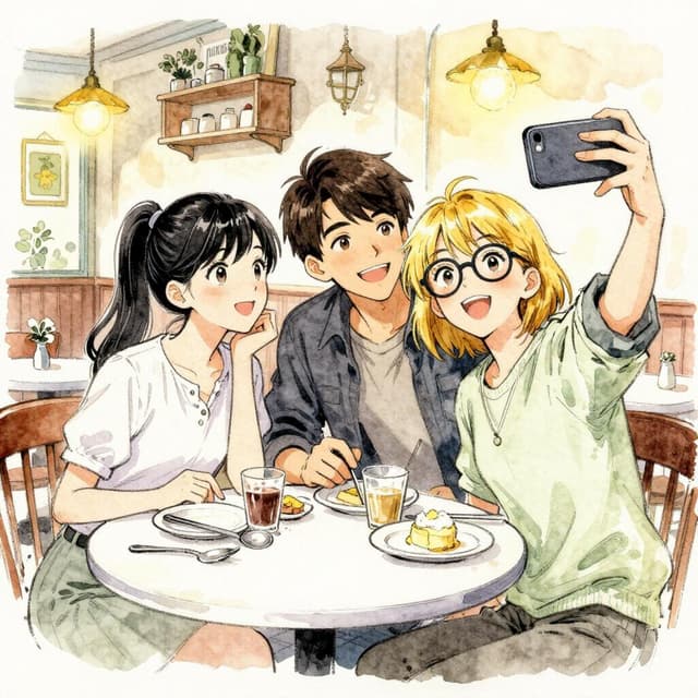Charming ink and watercolor painting, clean lines, vibrant but soft color palette, storybook style. Three young people at a restaurant table, smiling and happy, taking a selfie together. A young man with dark hair next to two young women, one with long black hair in a ponytail and one with short blonde hair and glasses. Warm restaurant lighting, celebratory atmosphere.