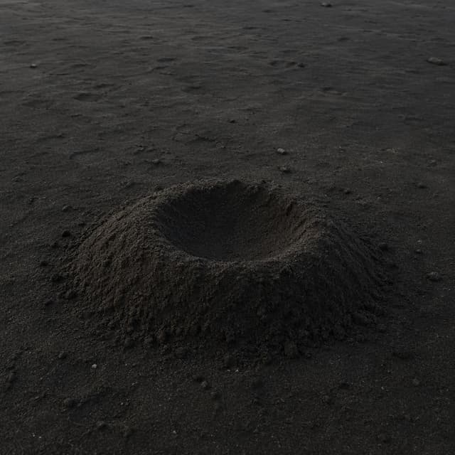 a mound of sand with a shallow round dip in the middle, on an empty dark beach
Chat attachment instruction: Generate exactly one in-world chat attachment, not a collage, split-screen, comic panel, flashback, or explanatory scene. If the prompt is a screenshot, phone screen, document, note, card, map, receipt, label, object photo, or photo someone took, frame that artifact directly. A name appearing in visible text or in 'photo taken by X' is not an instruction to draw that person. Do not show recurring story participants as visible people unless the prompt itself explicitly says they are visible. Keep unrequested people, faces, and bodies out of the image.