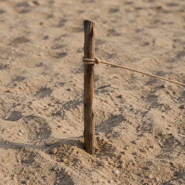 a simple wooden stick standing in the sand, with a thin rope tied around it
Chat attachment instruction: Generate exactly one in-world chat attachment, not a collage, split-screen, comic panel, flashback, or explanatory scene. If the prompt is a screenshot, phone screen, document, note, card, map, receipt, label, object photo, or photo someone took, frame that artifact directly. A name appearing in visible text or in 'photo taken by X' is not an instruction to draw that person. Do not show recurring story participants as visible people unless the prompt itself explicitly says they are visible. Keep unrequested people, faces, and bodies out of the image.