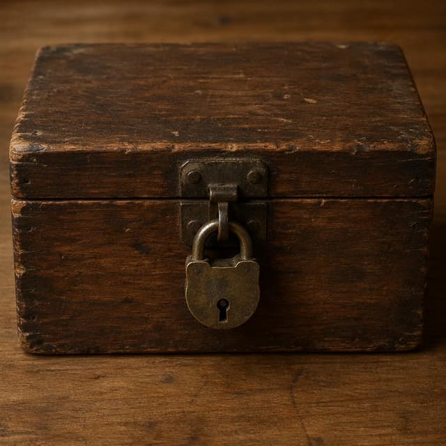 A closed, tarnished brass padlock on an old wooden box, sitting on a plain wooden table
Chat attachment instruction: Generate exactly one in-world chat attachment, not a collage, split-screen, comic panel, flashback, or explanatory scene. If the prompt is a screenshot, phone screen, document, note, card, map, receipt, label, object photo, or photo someone took, frame that artifact directly. A name appearing in visible text or in 'photo taken by X' is not an instruction to draw that person. Do not show recurring story participants as visible people unless the prompt itself explicitly says they are visible. Keep unrequested people, faces, and bodies out of the image.