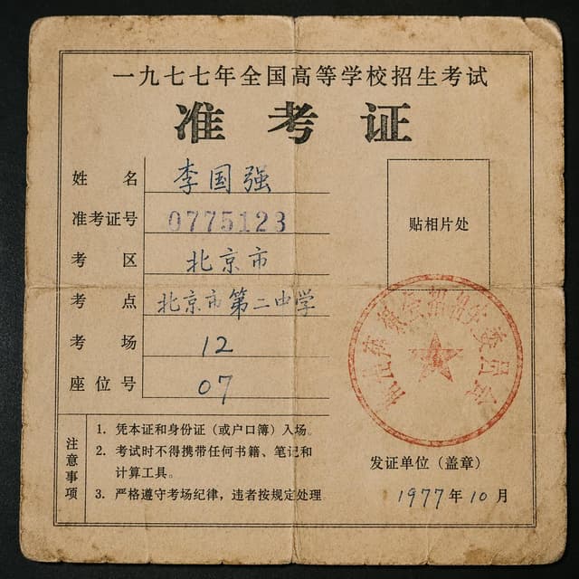 A close-up of a vintage, yellowed paper exam admission ticket from 1977, with Chinese characters and a faded stamp
Chat attachment instruction: Generate exactly one in-world chat attachment, not a collage, split-screen, comic panel, flashback, or explanatory scene. If the prompt is a screenshot, phone screen, document, note, card, map, receipt, label, object photo, or photo someone took, frame that artifact directly. A name appearing in visible text or in 'photo taken by X' is not an instruction to draw that person. Do not show recurring story participants as visible people unless the prompt itself explicitly says they are visible. Keep unrequested people, faces, and bodies out of the image.