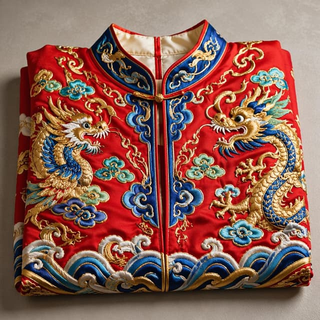 a folded traditional embroidered opera costume on a plain surface
Chat attachment instruction: Generate exactly one in-world chat attachment, not a collage, split-screen, comic panel, flashback, or explanatory scene. If the prompt is a screenshot, phone screen, document, note, card, map, receipt, label, object photo, or photo someone took, frame that artifact directly. A name appearing in visible text or in 'photo taken by X' is not an instruction to draw that person. Do not show recurring story participants as visible people unless the prompt itself explicitly says they are visible. Keep unrequested people, faces, and bodies out of the image.