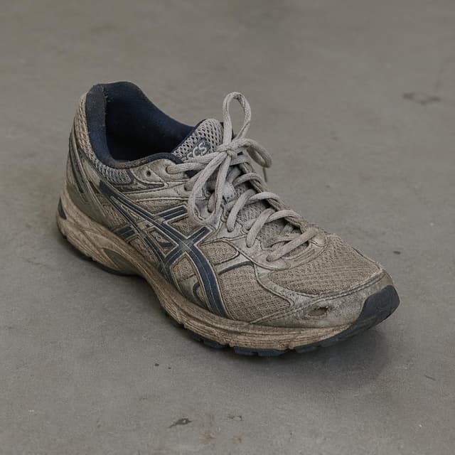 a single worn running shoe on a plain gray floor
Chat attachment instruction: Generate exactly one in-world chat attachment, not a collage, split-screen, comic panel, flashback, or explanatory scene. If the prompt is a screenshot, phone screen, document, note, card, map, receipt, label, object photo, or photo someone took, frame that artifact directly. A name appearing in visible text or in 'photo taken by X' is not an instruction to draw that person. Do not show recurring story participants as visible people unless the prompt itself explicitly says they are visible. Keep unrequested people, faces, and bodies out of the image.