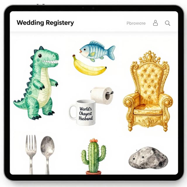 Charming ink and watercolor painting, clean lines, vibrant but soft color palette, storybook style. Screenshot of a wedding registry website showing purchased items: inflatable dinosaur costume, banana slicer, singing fish wall decoration, toilet paper holder that looks like a golden throne, 'World's Okayest Husband' mug, giant fork and spoon wall art, dancing cactus toy, pet rock.