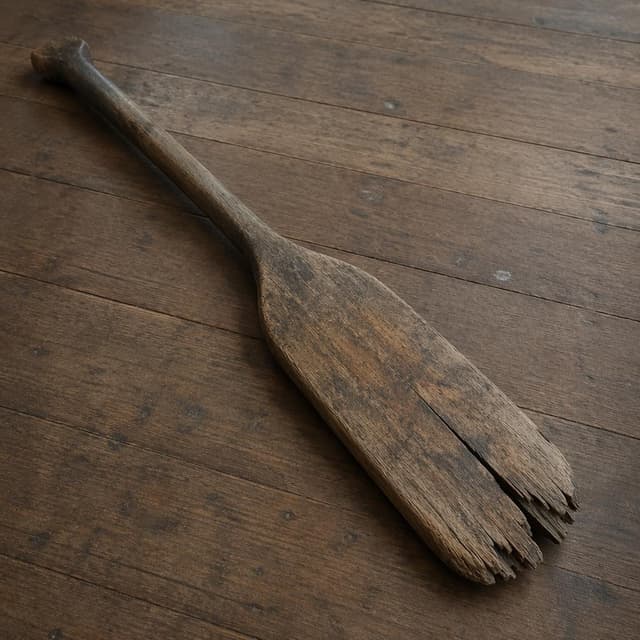 an old wooden paddle, worn and cracked, on a plain wooden floor
Chat attachment instruction: Generate exactly one in-world chat attachment, not a collage, split-screen, comic panel, flashback, or explanatory scene. If the prompt is a screenshot, phone screen, document, note, card, map, receipt, label, object photo, or photo someone took, frame that artifact directly. A name appearing in visible text or in 'photo taken by X' is not an instruction to draw that person. Do not show recurring story participants as visible people unless the prompt itself explicitly says they are visible. Keep unrequested people, faces, and bodies out of the image.