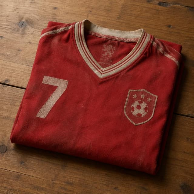 a faded old red team jersey, folded on a plain wooden table
Chat attachment instruction: Generate exactly one in-world chat attachment, not a collage, split-screen, comic panel, flashback, or explanatory scene. If the prompt is a screenshot, phone screen, document, note, card, map, receipt, label, object photo, or photo someone took, frame that artifact directly. A name appearing in visible text or in 'photo taken by X' is not an instruction to draw that person. Do not show recurring story participants as visible people unless the prompt itself explicitly says they are visible. Keep unrequested people, faces, and bodies out of the image.
