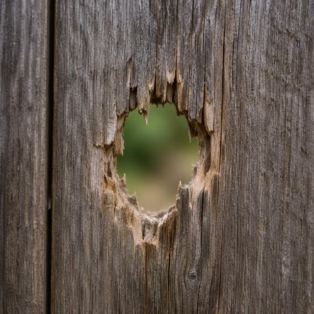 A small hole in a wooden fence with splintered edges
Chat attachment instruction: Generate exactly one in-world chat attachment, not a collage, split-screen, comic panel, flashback, or explanatory scene. If the prompt is a screenshot, phone screen, document, note, card, map, receipt, label, object photo, or photo someone took, frame that artifact directly. A name appearing in visible text or in 'photo taken by X' is not an instruction to draw that person. Do not show recurring story participants as visible people unless the prompt itself explicitly says they are visible. Keep unrequested people, faces, and bodies out of the image.