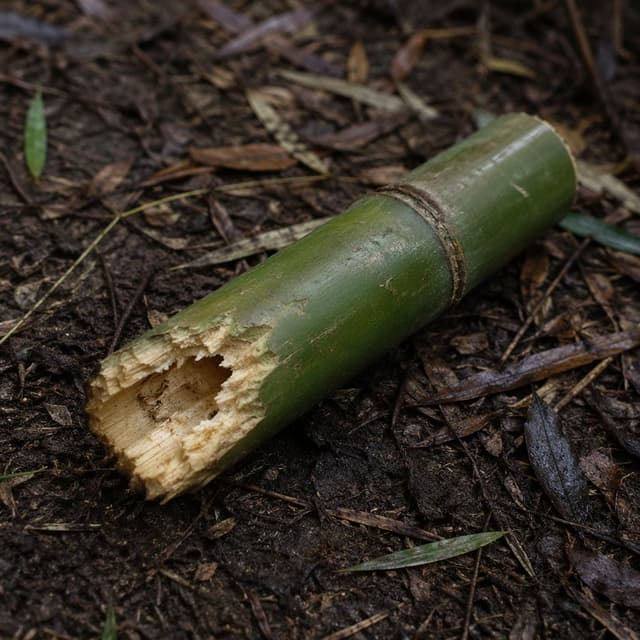 A single bamboo stalk on the ground with teeth marks
Chat attachment instruction: Generate exactly one in-world chat attachment, not a collage, split-screen, comic panel, flashback, or explanatory scene. If the prompt is a screenshot, phone screen, document, note, card, map, receipt, label, object photo, or photo someone took, frame that artifact directly. A name appearing in visible text or in 'photo taken by X' is not an instruction to draw that person. Do not show recurring story participants as visible people unless the prompt itself explicitly says they are visible. Keep unrequested people, faces, and bodies out of the image.
