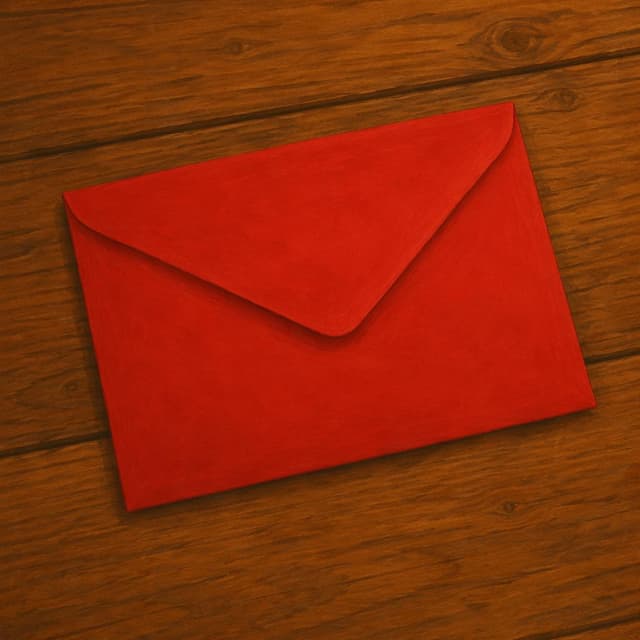 A single plain red envelope on a wooden table, storybook style
Chat attachment instruction: Generate exactly one in-world chat attachment, not a collage, split-screen, comic panel, flashback, or explanatory scene. If the prompt is a screenshot, phone screen, document, note, card, map, receipt, label, object photo, or photo someone took, frame that artifact directly. A name appearing in visible text or in 'photo taken by X' is not an instruction to draw that person. Do not show recurring story participants as visible people unless the prompt itself explicitly says they are visible. Keep unrequested people, faces, and bodies out of the image.