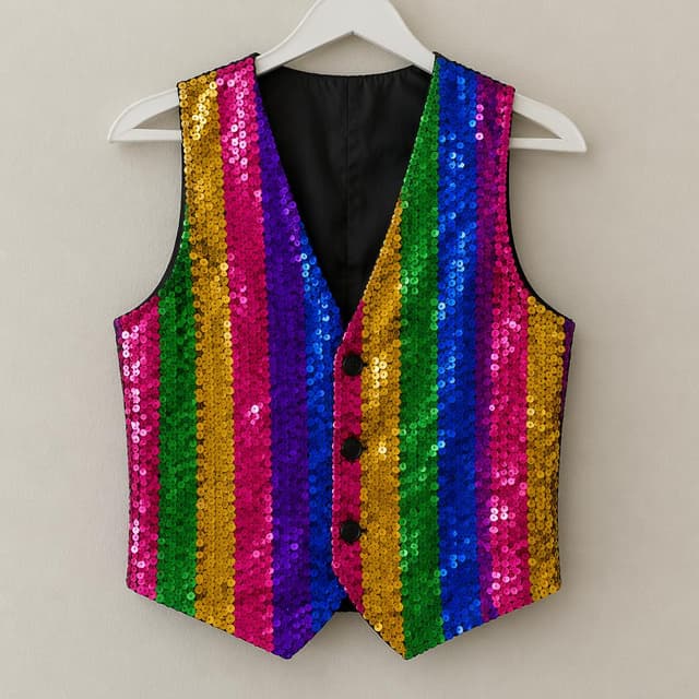 A bright sequined dance vest hanging on a plain hanger
Chat attachment instruction: Generate exactly one in-world chat attachment, not a collage, split-screen, comic panel, flashback, or explanatory scene. If the prompt is a screenshot, phone screen, document, note, card, map, receipt, label, object photo, or photo someone took, frame that artifact directly. A name appearing in visible text or in 'photo taken by X' is not an instruction to draw that person. Do not show recurring story participants as visible people unless the prompt itself explicitly says they are visible. Keep unrequested people, faces, and bodies out of the image.
