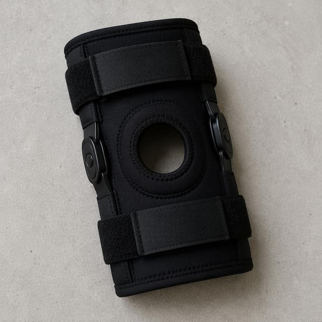 A single black knee brace on a plain surface
Chat attachment instruction: Generate exactly one in-world chat attachment, not a collage, split-screen, comic panel, flashback, or explanatory scene. If the prompt is a screenshot, phone screen, document, note, card, map, receipt, label, object photo, or photo someone took, frame that artifact directly. A name appearing in visible text or in 'photo taken by X' is not an instruction to draw that person. Do not show recurring story participants as visible people unless the prompt itself explicitly says they are visible. Keep unrequested people, faces, and bodies out of the image.